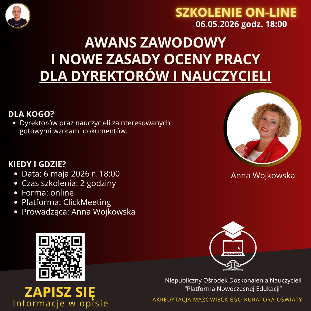 Szkolenie dla dyrektorów i nauczycieli – Awans zawodowy i nowe zasady oceny pracy.